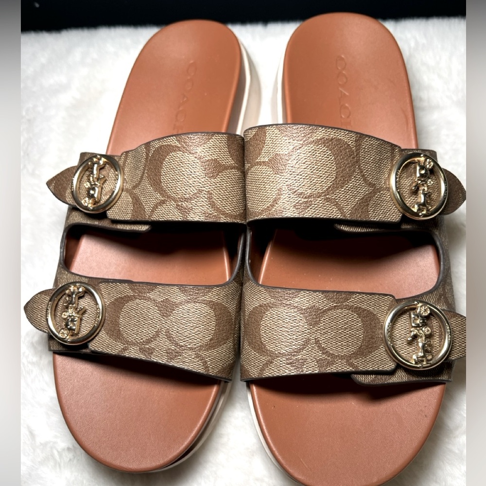 Coach Signature Canvas Brown Tan Slide Sandals with Gold Buckles